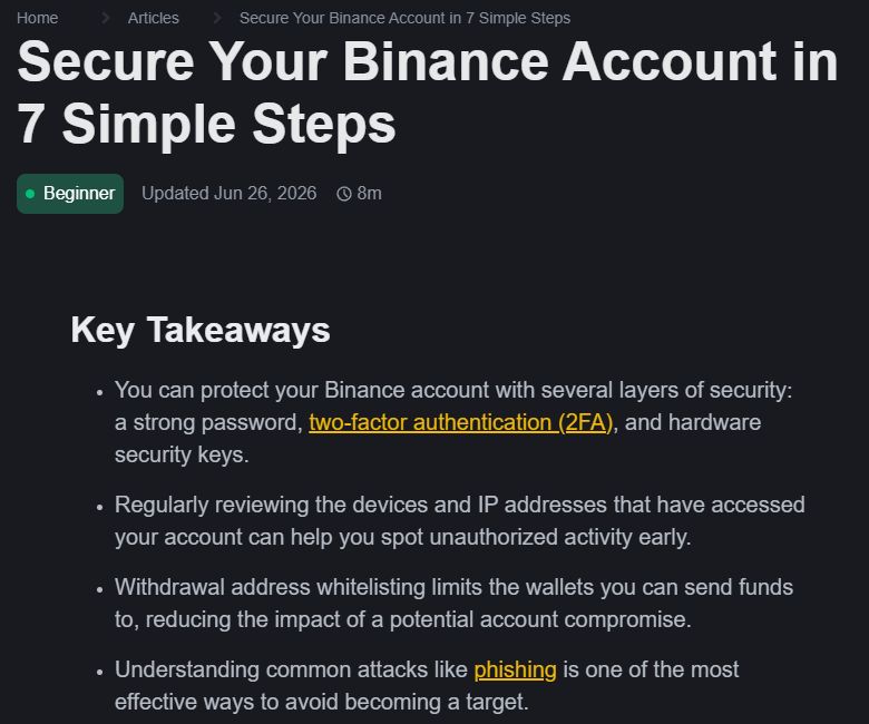 Binance Academy account-security guide ka title aur key takeaways