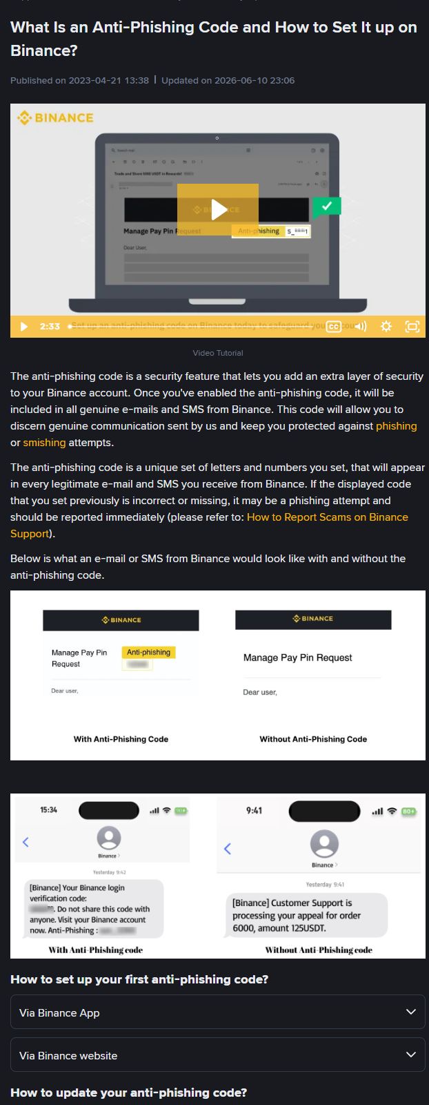 Binance anti-phishing code official guide ka title, purpose aur setup routes