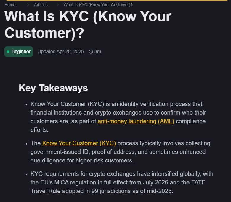 Binance Academy KYC guide ka title aur public key takeaways