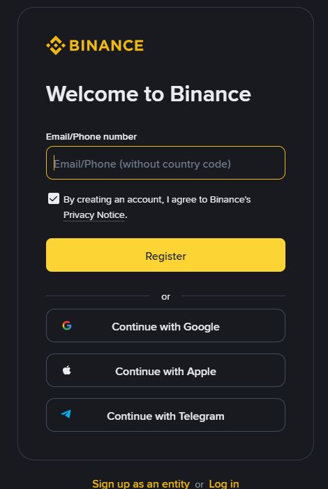 Binance official registration page ka public blank signup form